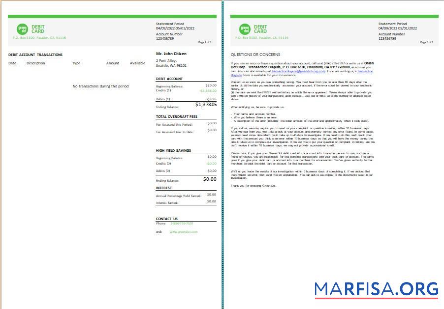 Downloadable USA Green Dot bank statement word 3 pages sample